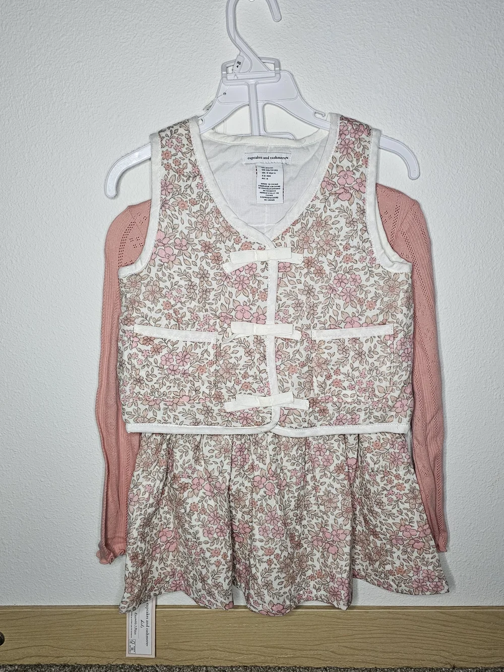 cupcakes & cashmere Pink and Cream Floral Tank Dress with Pink Cardigan